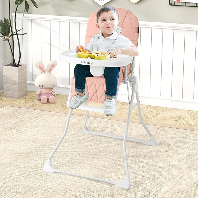 BABY JOY Foldable High Chair, Portable Highchairs for Babies and Toddlers with 3-Position Adjustable Tray & Footrest, Removable Seat Cushion, 5-Point Safety Harness, Space Saving Design (Pink)