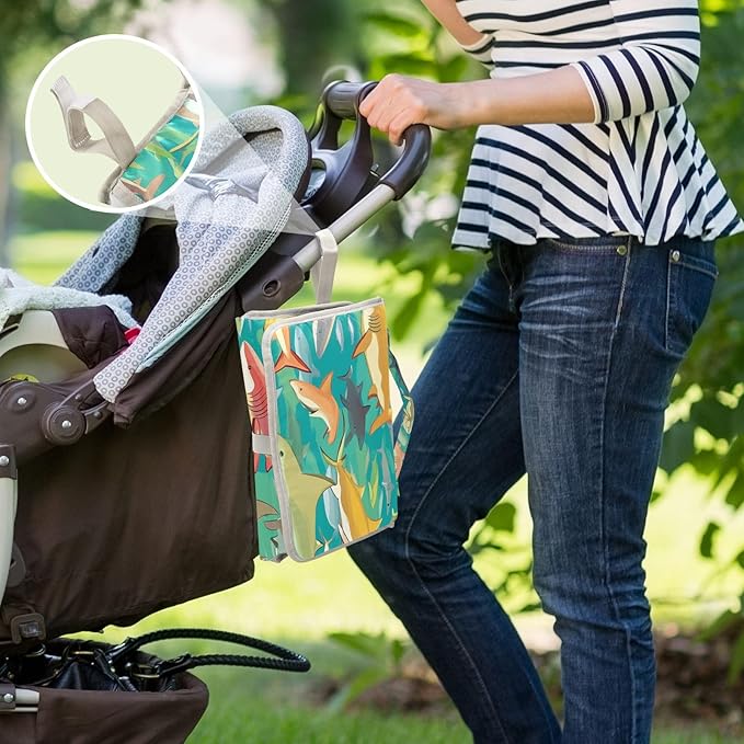 Portable Diaper Changing Pad Travel Baby Changing Mat Waterproof Diaper Changing Mat Foldable Lightweight Baby Changer with Built-in Pillow Colorful Sharks Green