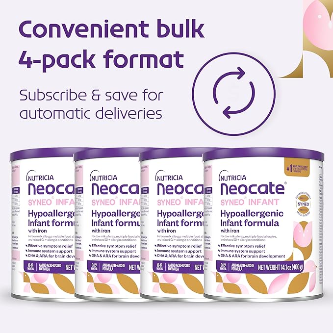 Neocate Syneo Infant - Hypoallergenic, Dairy-free, Amino Acid-Based Baby Formula with Prebiotic Fiber, Probiotics & DHA/ARA - Food Allergy-Friendly Formula - 14.1 oz (Pack of 4)