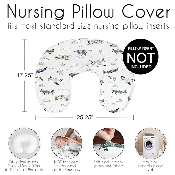 Sweet Jojo Designs Green Vintage Airplane Boy Nursing Pillow Cover, Baby Breastfeeding Slipcover for Infant, Newborn, Nursery, Bottle or Breast Feeding Pillowcase (Pillow NOT Included) Transportation