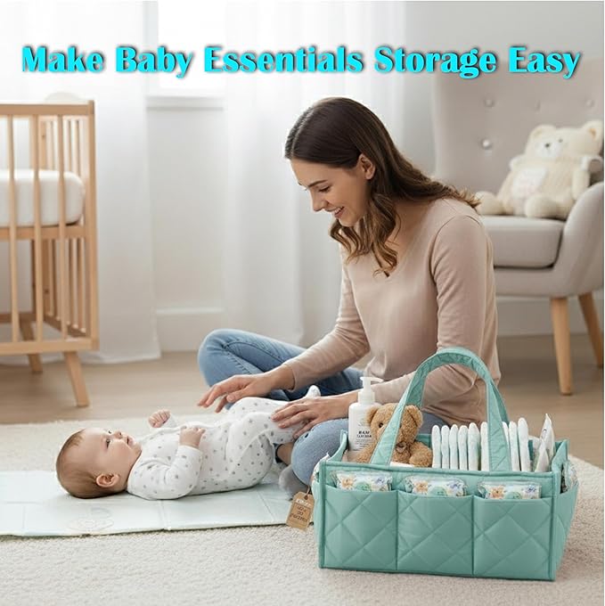 Baby Diaper Caddy Organizer, Nursery Storage Basket for Newborn Essentials, Travel Baby Basket for Diapers Baby Wipes, Organizer Tote Bag Storage Bin, Baby Shower Gifts (Mint Green)