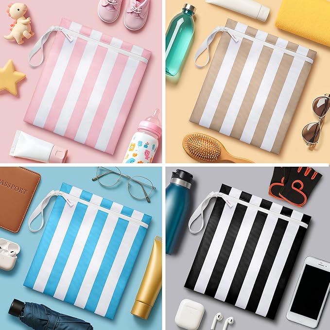 Bodysurf Wet Bag for Swimsuit, Beach, Pool, Gym, Travel, Dirty Laundry - Wet Bags for Baby, Kids, Toddlers, Pump Parts, Cloth Diapers - Reusable Waterproof Striped Makeup & Toiletry Pouch - Black
