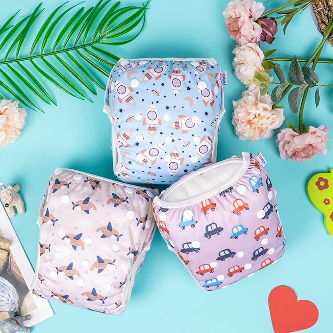 ALVABABY 3 Pack Large Swim Diapers Baby/Toddler/Infant Snap Adjustable Reusable Swimming Diaper Baby for Boy and Girl 3ZSWY37