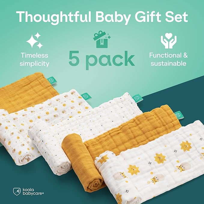 Koala Babycare 5 Pack 20"x10" Organic Burp Cloths for Baby Boys and Girls - GOTS & OEKO-TEX Cotton Burp Rags for Newborns - Absorbent Neutral Burping Cloths for Feeding - Washable Baby Bibs Essentials