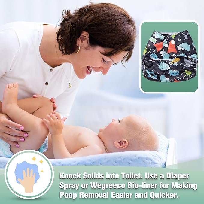 Wegreeco Cloth Diapers 6 Pack with Inserts & Wet Bag, Washable Reusable Diapers for Babies, One Size Adjustable (Monster Style)