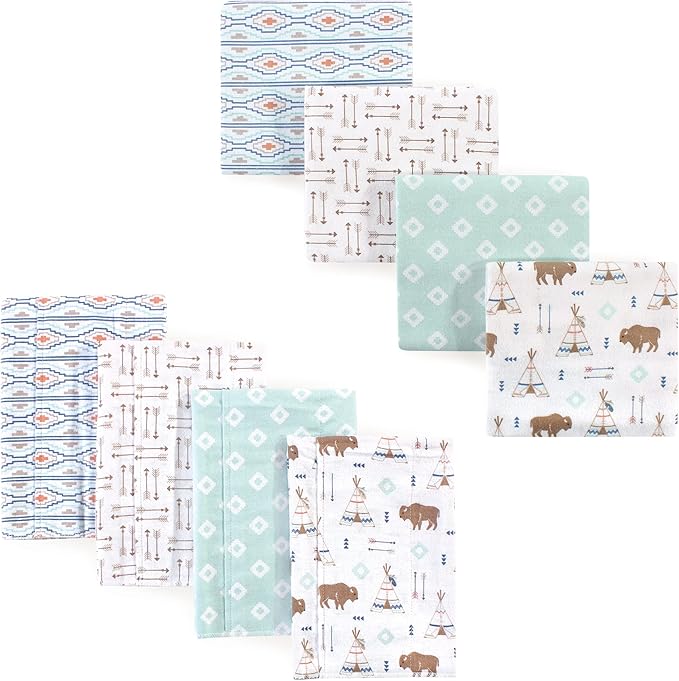Hudson Baby Unisex Baby Cotton Flannel Burp Cloths and Receiving Blankets, 8-Piece, Teepee, One Size