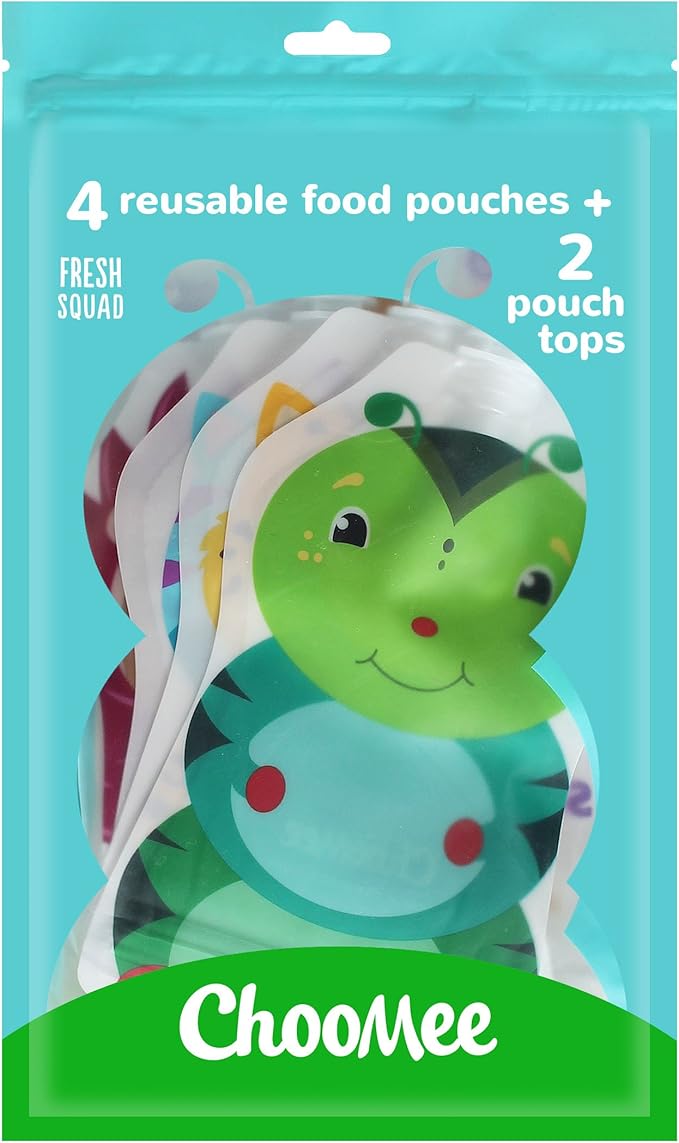 ChooMee SoftSip Food Pouch Tops + Reusable Baby Food Pouches, Fill with Baby food, Applesauce and Purees | Wide Double Zipper Bottom, BPA Free | 4 CT 5oz + 2 SoftSip