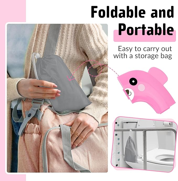 Maliton Travel Potty Training Seat for Toddler, Portable Foldable Potty Seat Cover Fits Round & Oval Toilets, Non-Slip Toilet Seat with Free Travel Bag(Pink Bear)