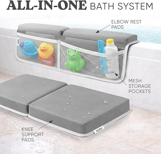 Rylor Premium Baby Bath Kneeler Mat & Elbow Rest Pad Set – Comfortable Bath Kneeler and Elbow Kneeling Rest Pad for Parents, Extra Long 26'', 2.4'' Thick, Non-Slip Support for Easy Bath Time (Gray)