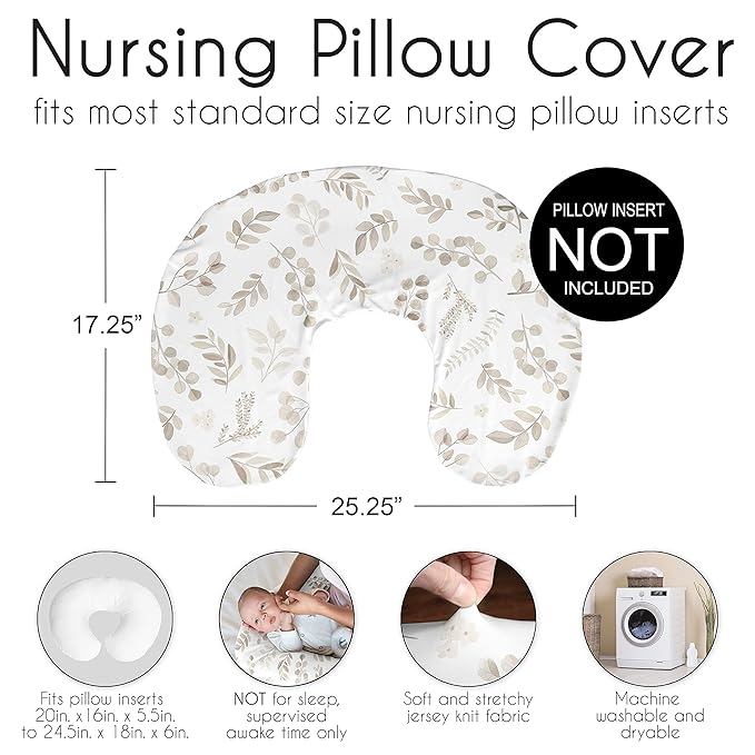 Sweet Jojo Designs Floral Leaf Nursing Pillow Cover Breastfeeding Pillowcase for Newborn Infant Bottle Breast Feeding Pillow NOT Included Ivory Beige Taupe Gender Neutral Boho Bohemian Botanical Leaf