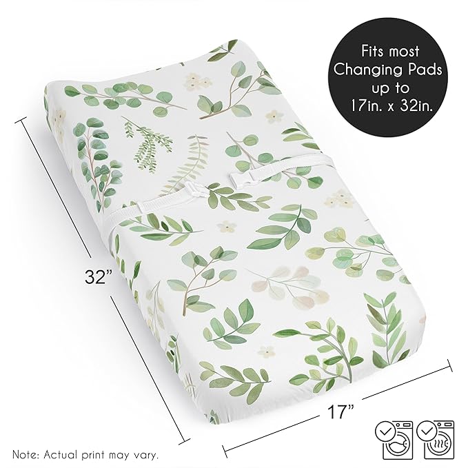 Sweet Jojo Designs Green Boho Floral Leaf Boy Girl Gender Neutral Unisex Baby Changing Pad Cover Sheet Infant Newborn Diaper Change Mat Cover Sage White Bohemian Watercolor Botanical Flower Woodland