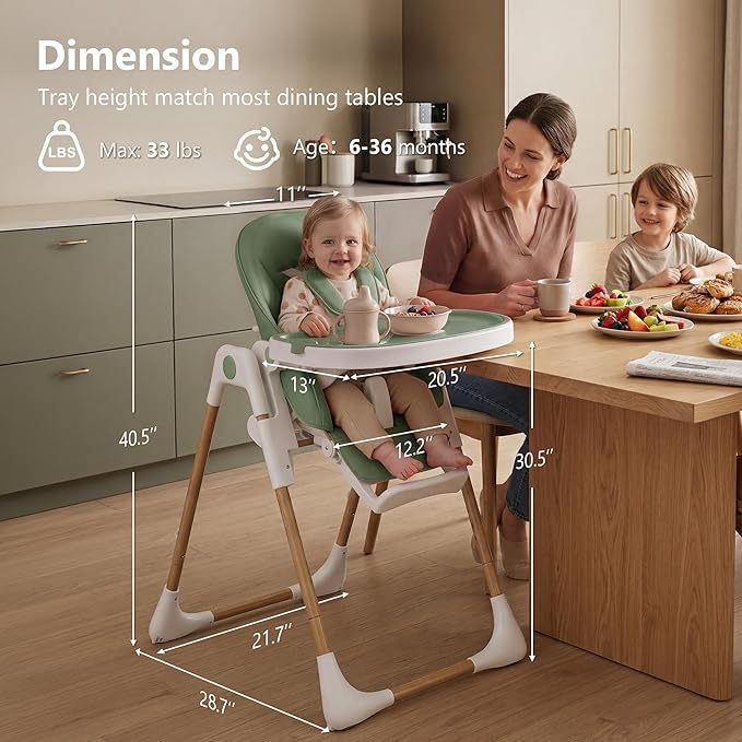 Kinder King Convertible High Chair for Babies & Toddlers, Adjustable Baby Feeding High Chair with Removable Double Tray, Simple Compact Fold for Space-Saving, 2 Built-in Wheels, Easy to Clean