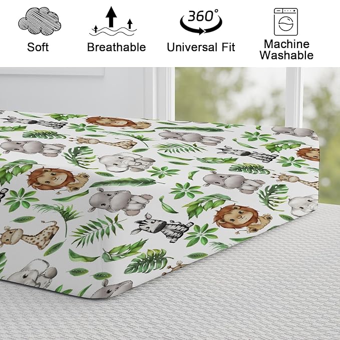 Baby Safari Animals Tropical Leaves Changing Pad Covers Lion Elephant Giraffe Zebra Hippo Diaper Change Table Pad Covers for Girl Boy Soft Breathable Stretch Changing Mat Sheets 32''x16''