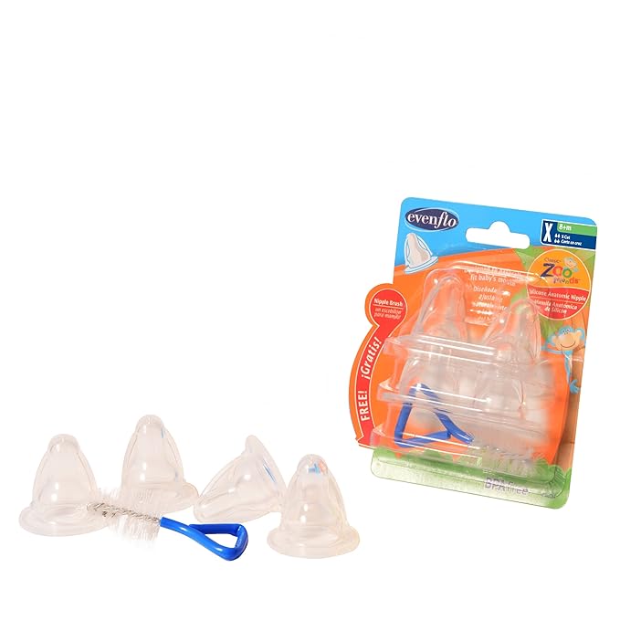 Evenflo Zoo Friends 4 Count Silicone Anatomic Nipple with Brush, X-Cut