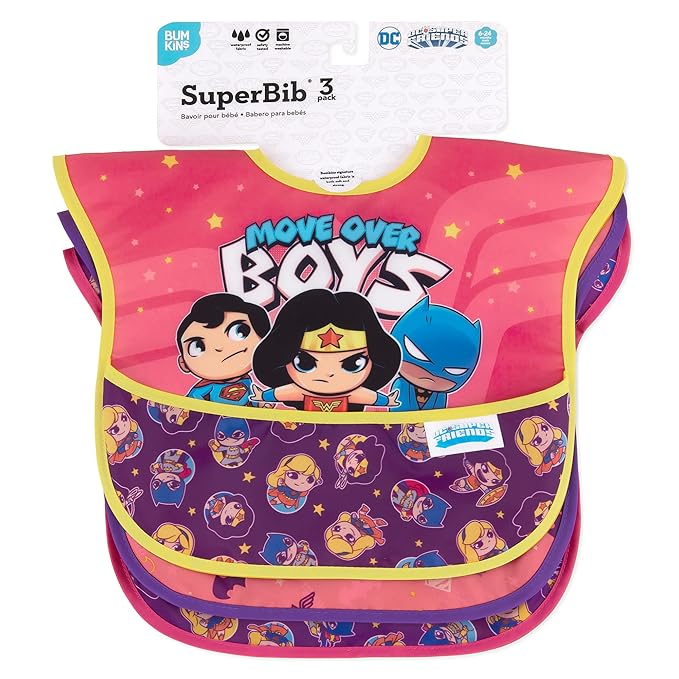 Bumkins Bibs for Girl or Boy, SuperBib Baby and Toddler 6-24 Months, Essential Must Have for Eating, Feeding, Baby Led Weaning Supplies, Mess Saving Catch Food, Fabric, 3-pk DC Comics Move Over Boys