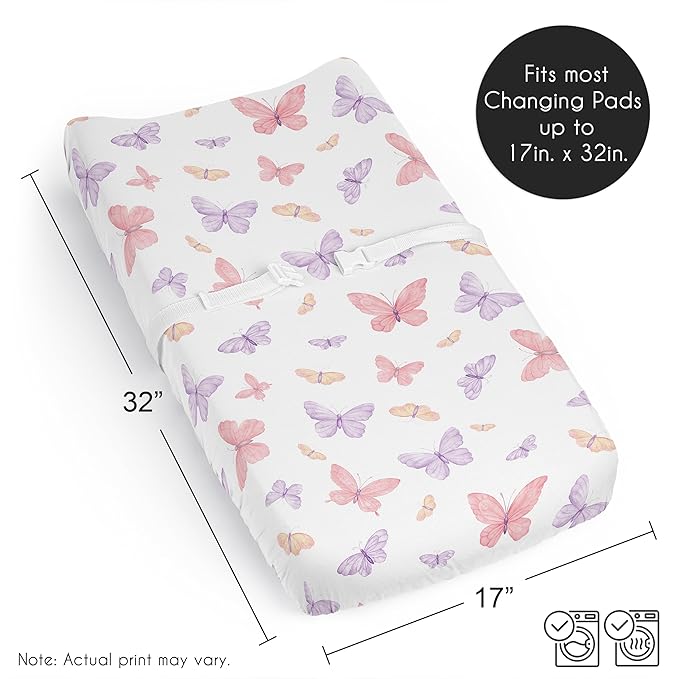 Sweet Jojo Designs Pink and Purple Shabby Chic Butterfly Girl Baby Changing Pad Cover Sheet Infant Newborn Diaper Table Change Mat Cover Blush Yellow Lavender Colorful Pastel Lilac Watercolor Pattern