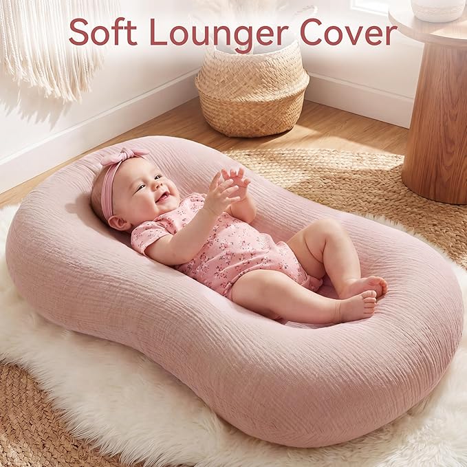 Muslin Baby Lounger Cover 1 Pack, Cotton Soft Breathable Infant Nest Slipcover, Envelope Closure, Compatible with Snuggle Me Loungers, Machine Washable, Cover Only, for Girls Boys(Pink)