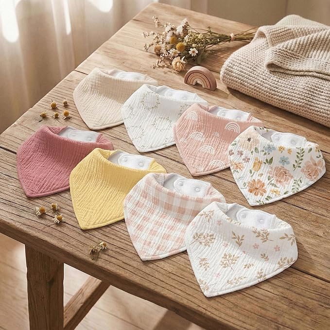 Muslin Baby Bibs 8 Pack, Baby Bandana Drool Bib for Drooling and Teething, Cotton Soft Absorbent for Girls Boys Serenity