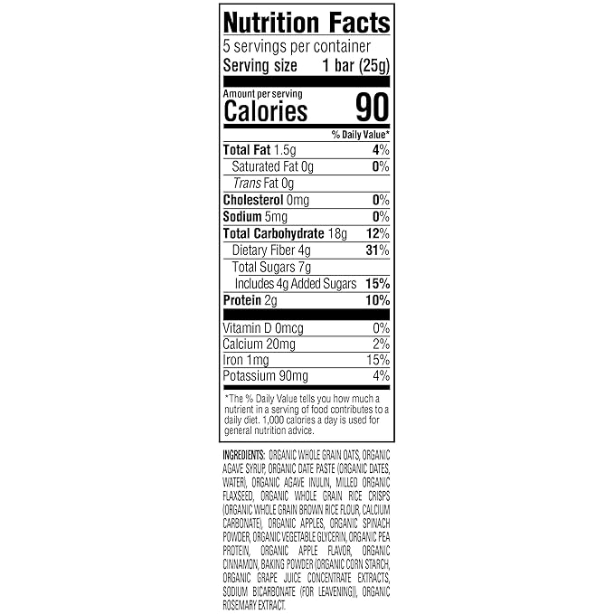 HAPPYTOT Organics Fiber & Protein Soft-Baked Oat Bars Toddler Snack Apple & Spinach, 0.88 Ounce Bars, 5 Count Box (Pack of 6)