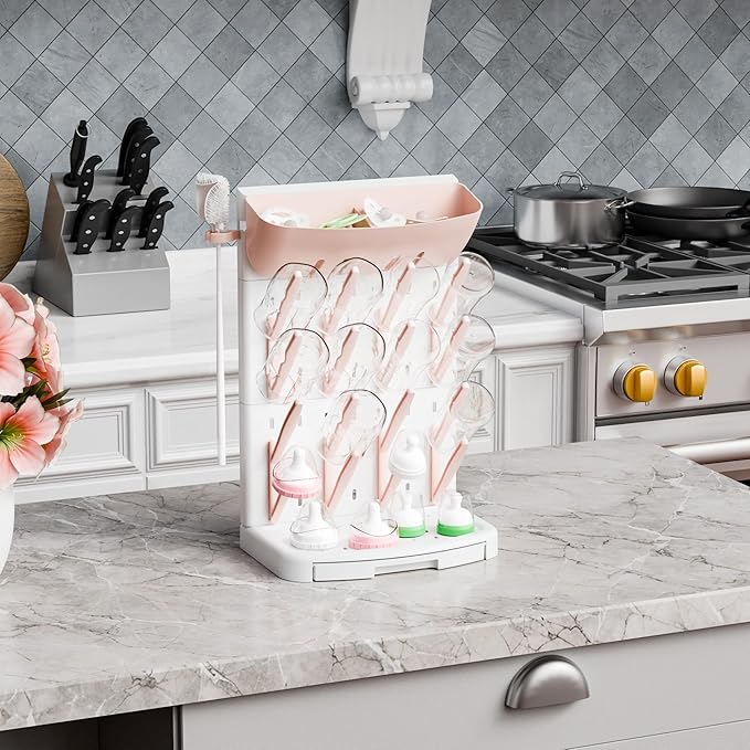SuoXing Vertical Baby Bottle Drying Rack with Brush- Hold 16 Bottles - Large Breast Pump,Bottle Dryer Rack for Kitchen Countertop,Space Saving Bottle Stand Holder for Pacifiers,Pump Accessories,Pink