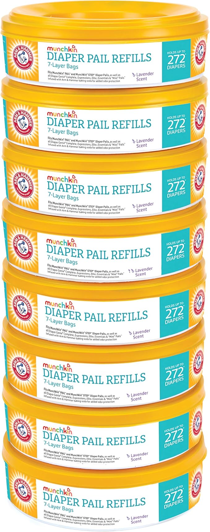 Munchkin® Arm & Hammer Diaper Pail Refill Rings, Holds up to 2,176 Newborn Diapers, 8 Pack