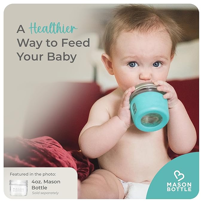 Complete Baby Glass Bottle & Breastmilk Storage Kit | 8oz Mason Jars w/Lid + Slow & Medium Flow Nipples (0-6 Months) + Plastic Mason Jar Rings & Caps + Silicone Sleeves