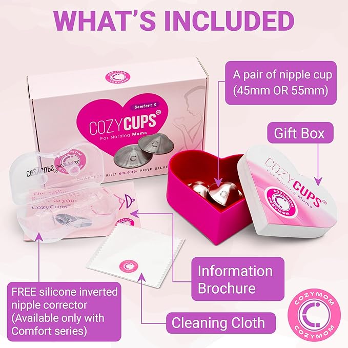 COZYMOM™ Pure Silver Nursing Cups 55mm – Nipple Care for Breastfeeding Moms – Soothe Sore Nipples – Hypoallergenic, Reusable – Complete Nursing Support – Gift for Mom-to-Be