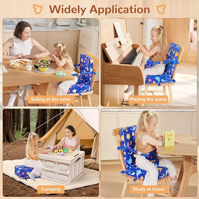 Toddler Booster Seat for Kitchen Chair, Non-Slip Bottom Dining Table Booster Seat with Backrest and Adjustable Straps, Portable Eating Travel Increasing Cushion