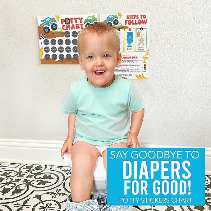 Hadley Designs Potty Training Chart for Toddlers Boys -10 Sticker Potty Chart for Toddlers Boys, 8.5x11" Potty Training Sticker Charts for Toilet Success, Monster Truck Toddler Reward Chart for Kids