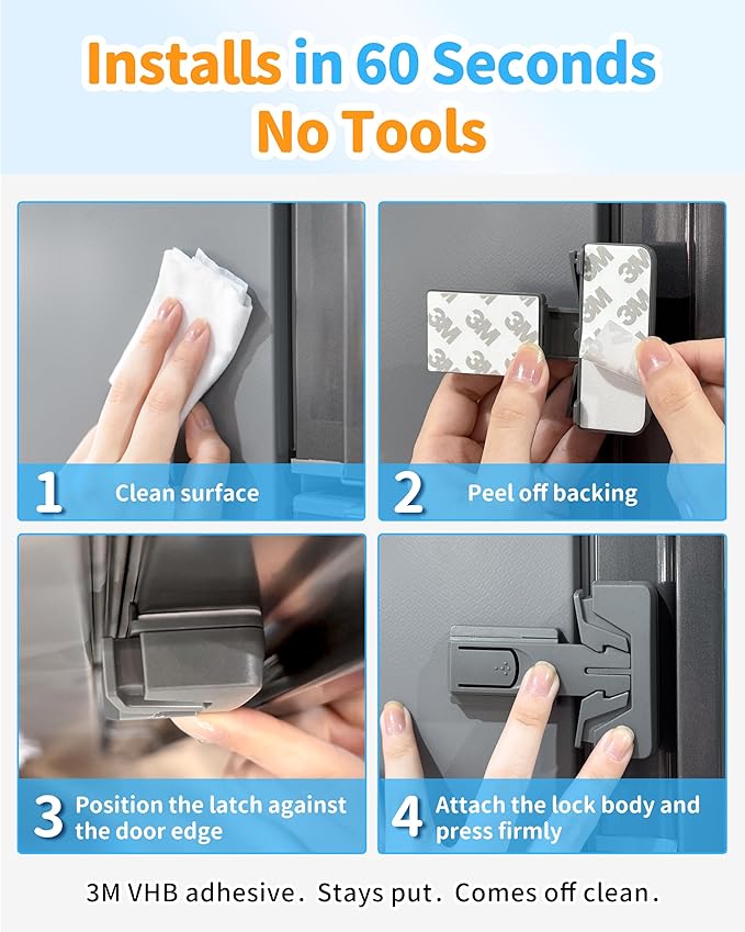 Yunkey Child Safety Fridge Lock — Auto-Lock Design, One-Hand Open & Self-Locking Close — Helps Keep Toddlers & Pets Out — 3M Strong Hold & Clean Removal | Gray, 2-Pack
