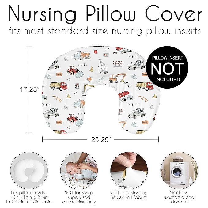 Sweet Jojo Designs Construction Truck Nursing Pillow Cover Breastfeeding Pillowcase for Newborn Infant Bottle or Breast Feeding (Pillow NOT Included) - Grey Yellow Orange Red and Blue Transportation