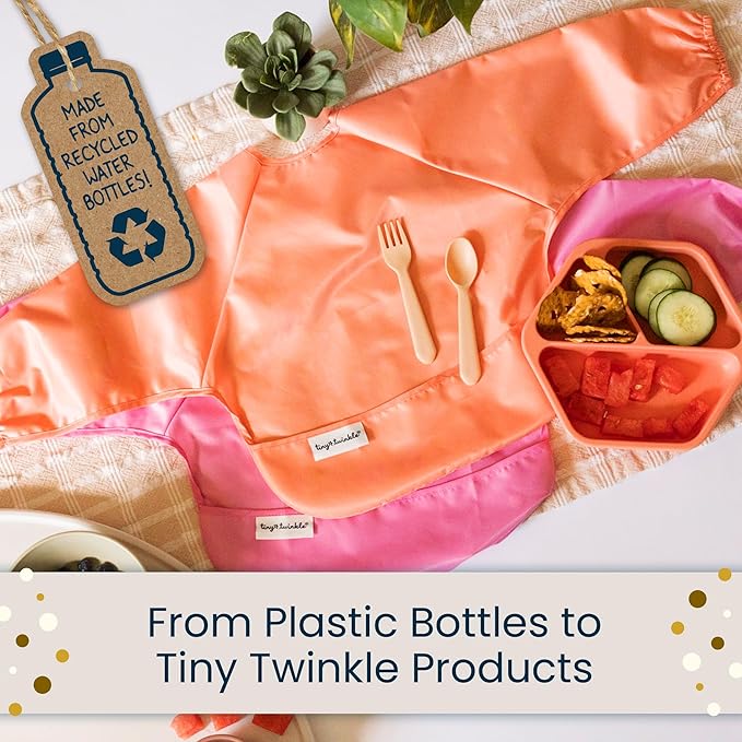 Tiny Twinkle Long Sleeve Bib for Babies & Toddlers | 2-Pack Waterproof Smock Bib for Eating | Machine Washable & Mess-Proof Feeding Essentials | Newborn Shower Gift (Rainforest,6–24M)