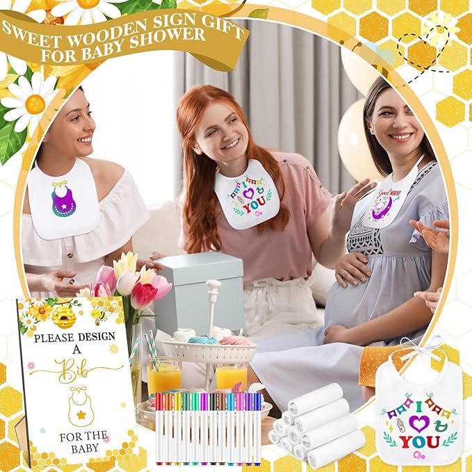 Panitay 100 Pcs DIY Baby Bibs Decorating Kit 50 White Bibs 25 Stencils 24 Markers 1 Baby Shower Game Sign