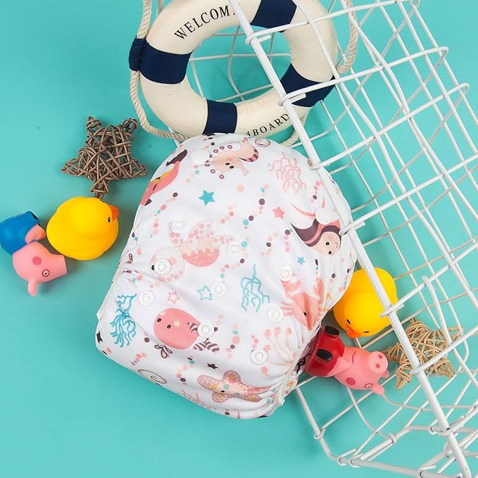 Babygoal Baby Girl Swim Diapers 3 Pack for 0-8 Months Infant, Reusable Adjustable Washable for Swimming Lessons-Seaweed & Sea Crab