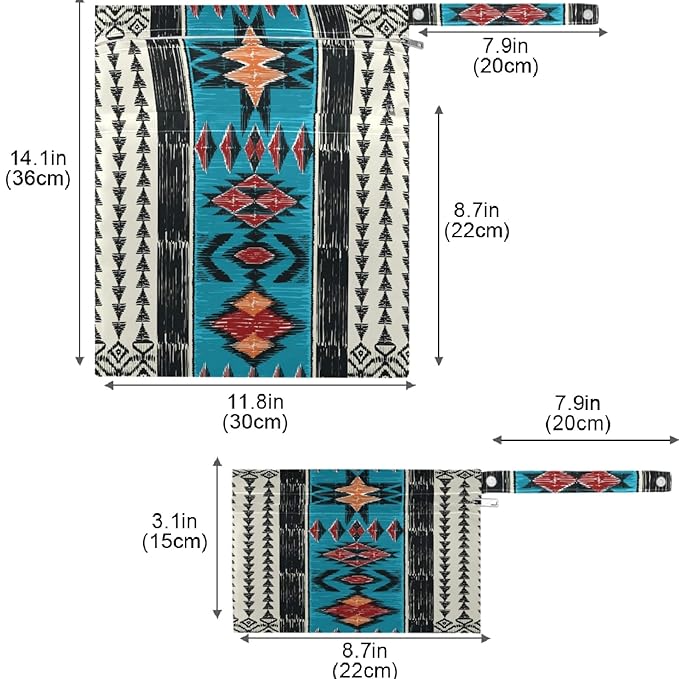 visesunny Tribal Aztec Geometric Pattern 2Pcs Wet Bag with Zippered Pockets Washable Reusable Roomy for Travel,Beach,Pool,Daycare,Stroller,Diapers,Dirty Gym Clothes, Wet Swimsuits, Toiletries