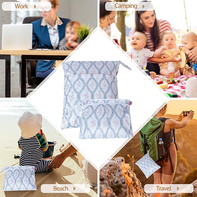 Damero 2 Pcs Wet Dry Bag for Cloth Diaper, Swimsuit, Clothes, Water-Resistant Reusable Wet Bag for Travel, Exercise, Beach, Pool, Daycare, Spiral Flowers