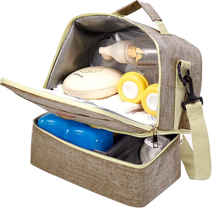 Breast Pump Bag Cooler Compartment for Breast Pump - Cooler and Moistureproof Bag Double Layer for Mother Breast Milk Pump Lunch Bag Outdoor Working (Khaki)