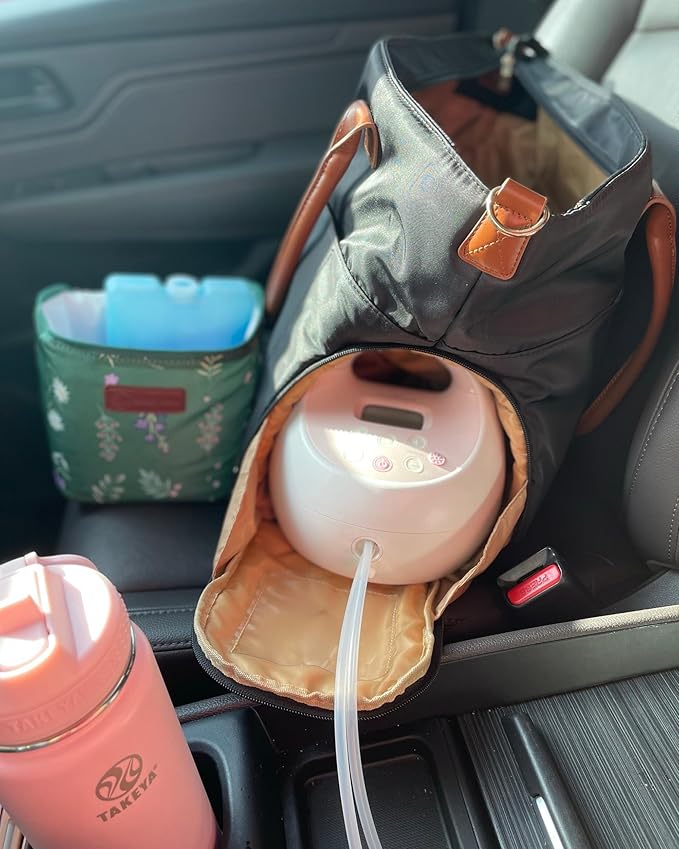 Sarah Wells Abby Breast Pump Tote with Real Leather Straps – Stylish Pumping Bag with Insulated Pockets, Laptop Storage & Easy-Clean Interior – Professional Breast Pump Bag for Work & Travel (Black)