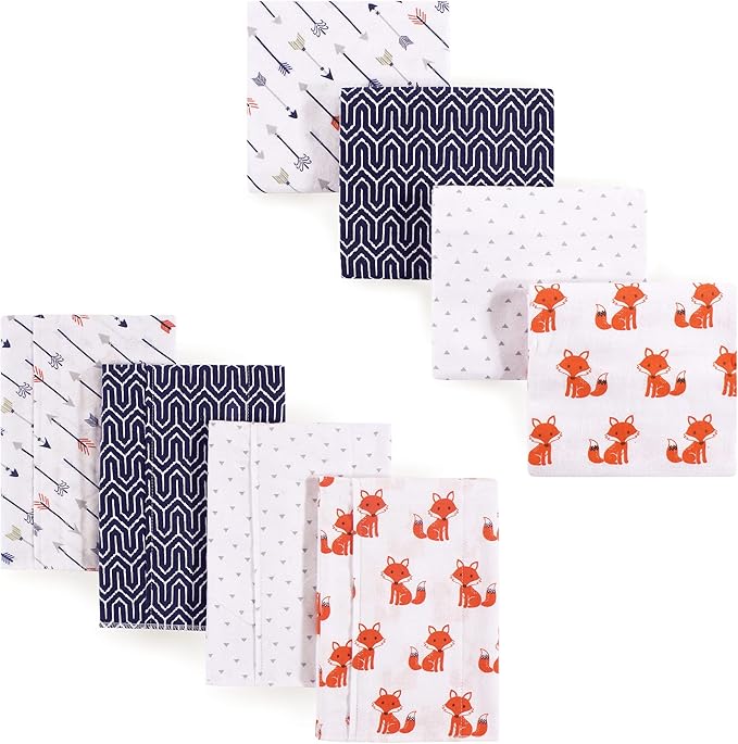 Hudson Baby Unisex Baby Cotton Flannel Burp Cloths and Receiving Blankets, 8-Piece, Foxes, One Size