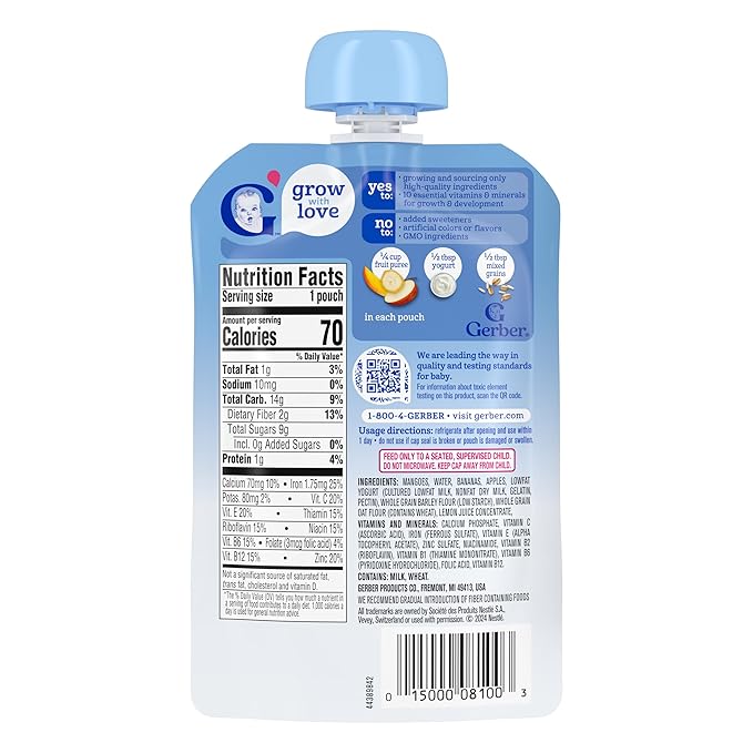 Gerber Toddler Food, Baby Food Pouches for Toddlers, Mango Banana Apple, Fruit Puree, Yogurt & Whole Grains, Fiber Helps Support Healthy Digestion, No Artificial Flavors, 3.5oz each (Pack of 12)