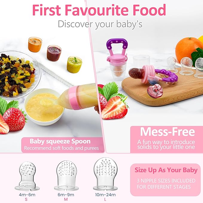 Baby Fruit Feeder Pacifier - 12 Pack | 2 Infant Food Feeder Pacifier & 1 Baby Food Dispensing Spoon | Fresh Fruit Teethers for Babies | Silicone Feeder Babies,Infant Teething Feeders (Pink)