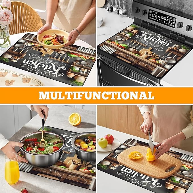 Multi-Design Stove Top Cover for Glass/Electric Stoves - 3-in-1 Heat-Resistant Protector Mat, Non-Slip Drying Rack 28"x20" (Cookware, 28" L x 20" W)