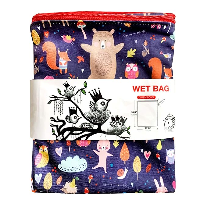 FLOCK THREE Washable and Reusable Wet Bag Diaper Bag Water Resistant Swimming Bag Travel Toiletries Pouch Cute Animals Zippered 12.6'' x 16.5''