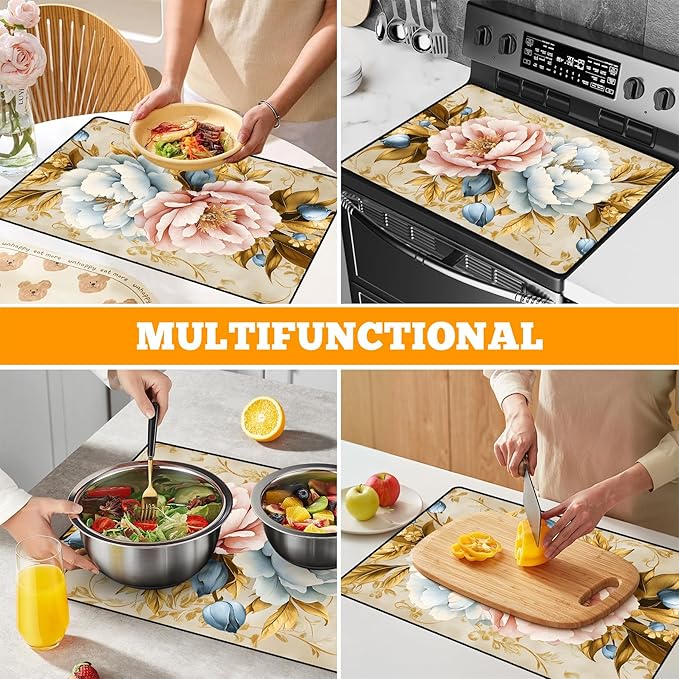 Multi-Design Stove Top Cover for Glass/Electric Stoves - 3-in-1 Heat-Resistant Protector Mat, Non-Slip Drying Rack 28"x20" (Pink-White Peony)