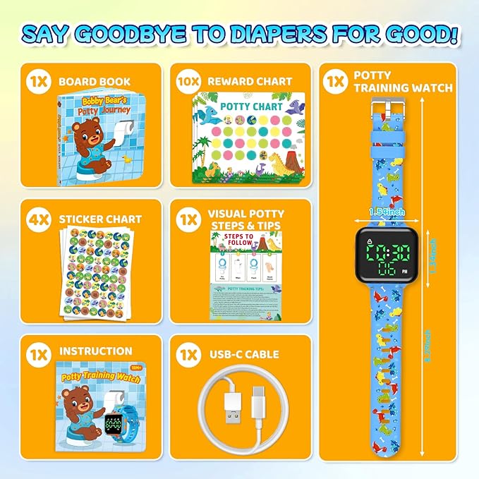 Potty Training Watch & Chart & Book for Toddler Boys: Water Resistant Potty Watches Dinosaur Potty Training Sticker Reward Chart for Kids 3 in 1 Toddler Toilet Training Tools Set (Blue)