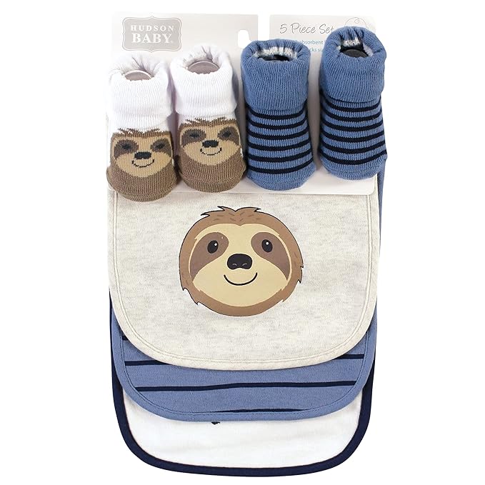 Hudson Baby Unisex Baby Cotton Bib and Sock Set, Sloth, One Size