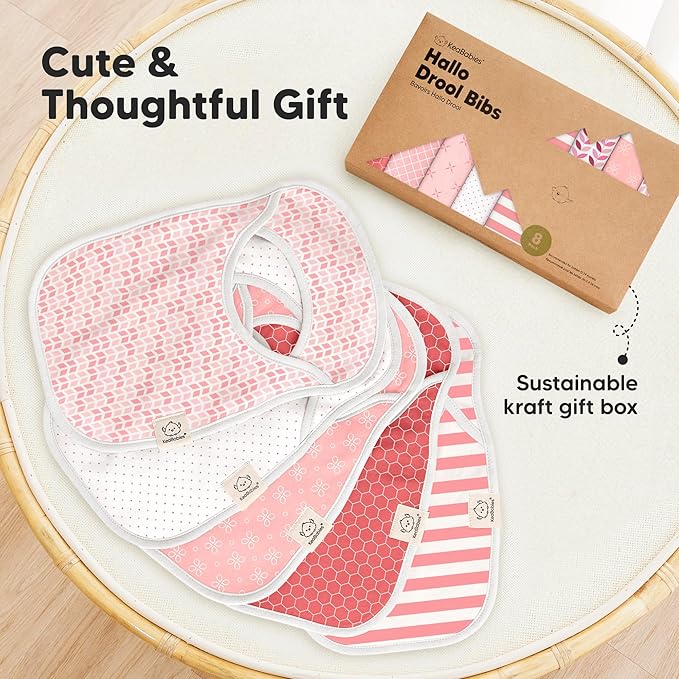 KeaBabies 8-Pack Bibs for Baby Girl, Boy - Pullover Large Baby Bibs for Drooling and Teething Infant, Newborn, Soft & Absorbent Organic Cotton, Long Torso Coverage Keep Toddler Clean & Dry (Blush)