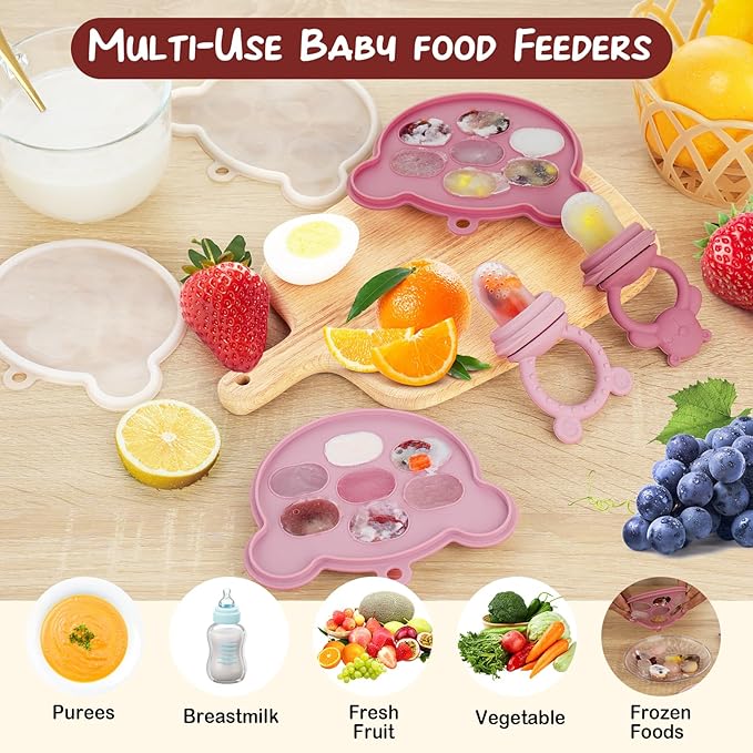 Baby Breastmilk Popsicle Molds & Baby Fruit Feeder (2 Pack), Infant Food Freezer Tray Storage Containers, Silicone Teething Pacifier Feeder and Teether for Babies - Blush