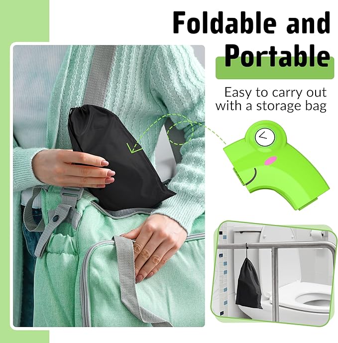 Portable Potty Seat for Toddler Travel - Foldable Non-Slip Potty Training Toilet Seat Cover for Boys Girls, Baby Kids with Drawstring Bag (Green Frog)