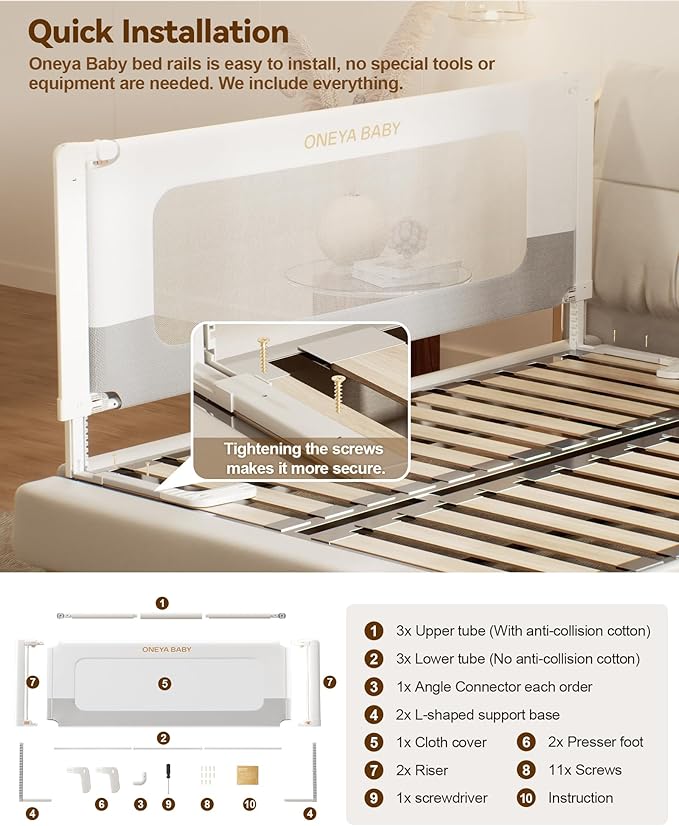 Bed Rail for Toddlers,Thickened & Reinforced Baby Bed Rail Guard for Full Bed with Double Child Lock, Upgraded Toddler Bedrails with Height Adjustable, White/Grey, 1Side 54" Lx28 H